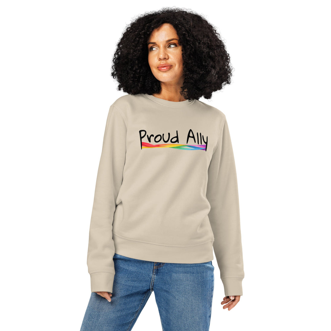 “Proud Ally” Organic Unisex Sweatshirt – LGBTQ+ Supporter Statement Crewneck