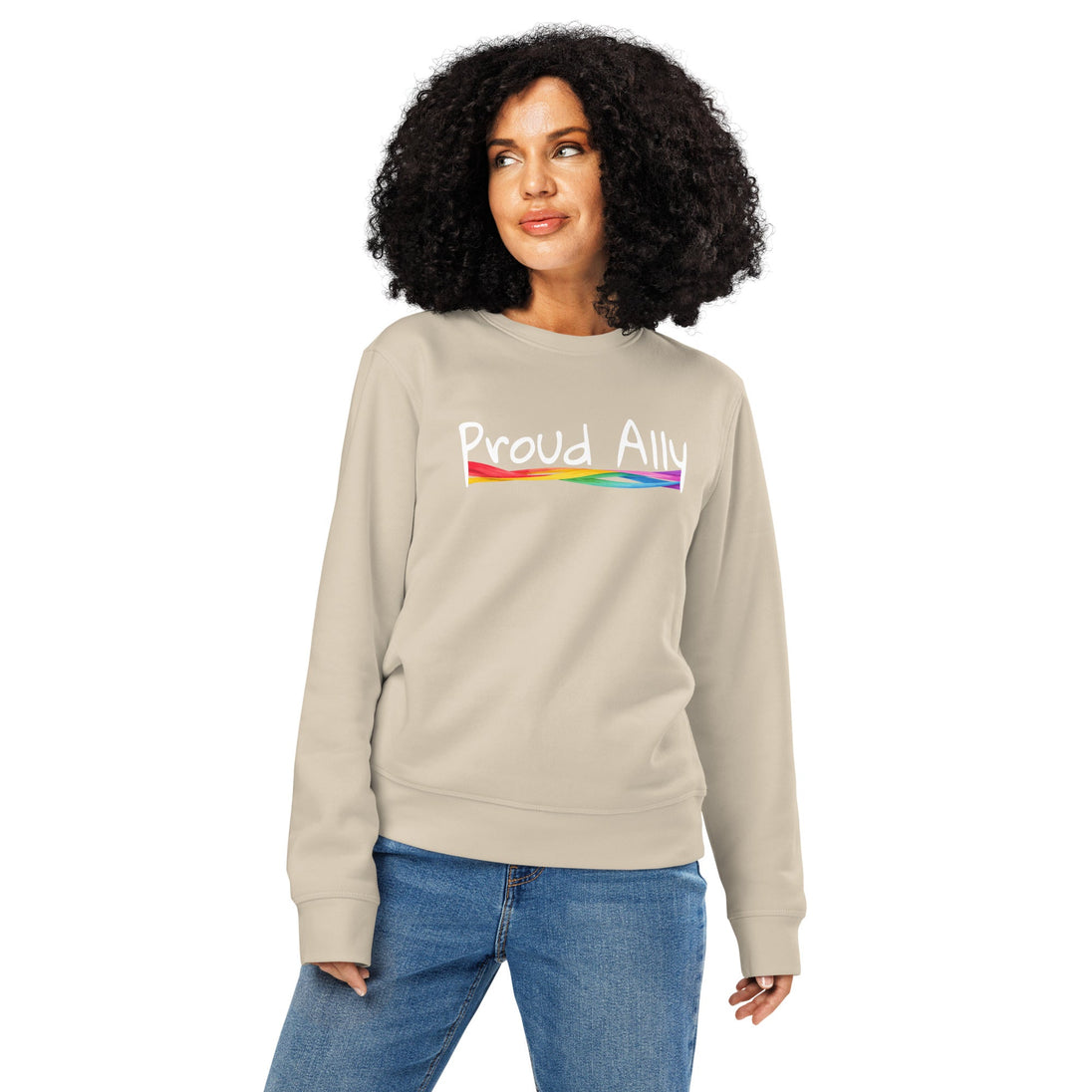 “Proud Ally” Organic Unisex Sweatshirt – LGBTQ+ Supporter Statement Crewneck